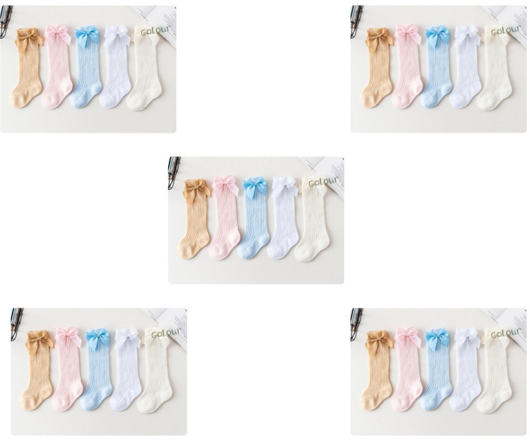 Baby Infants Kids Toddlers Girls Boys Knee High Socks Tights Leg Warmer Ribbon Bow Solid Cotton Stretch Cute Lovely - Cindi Book