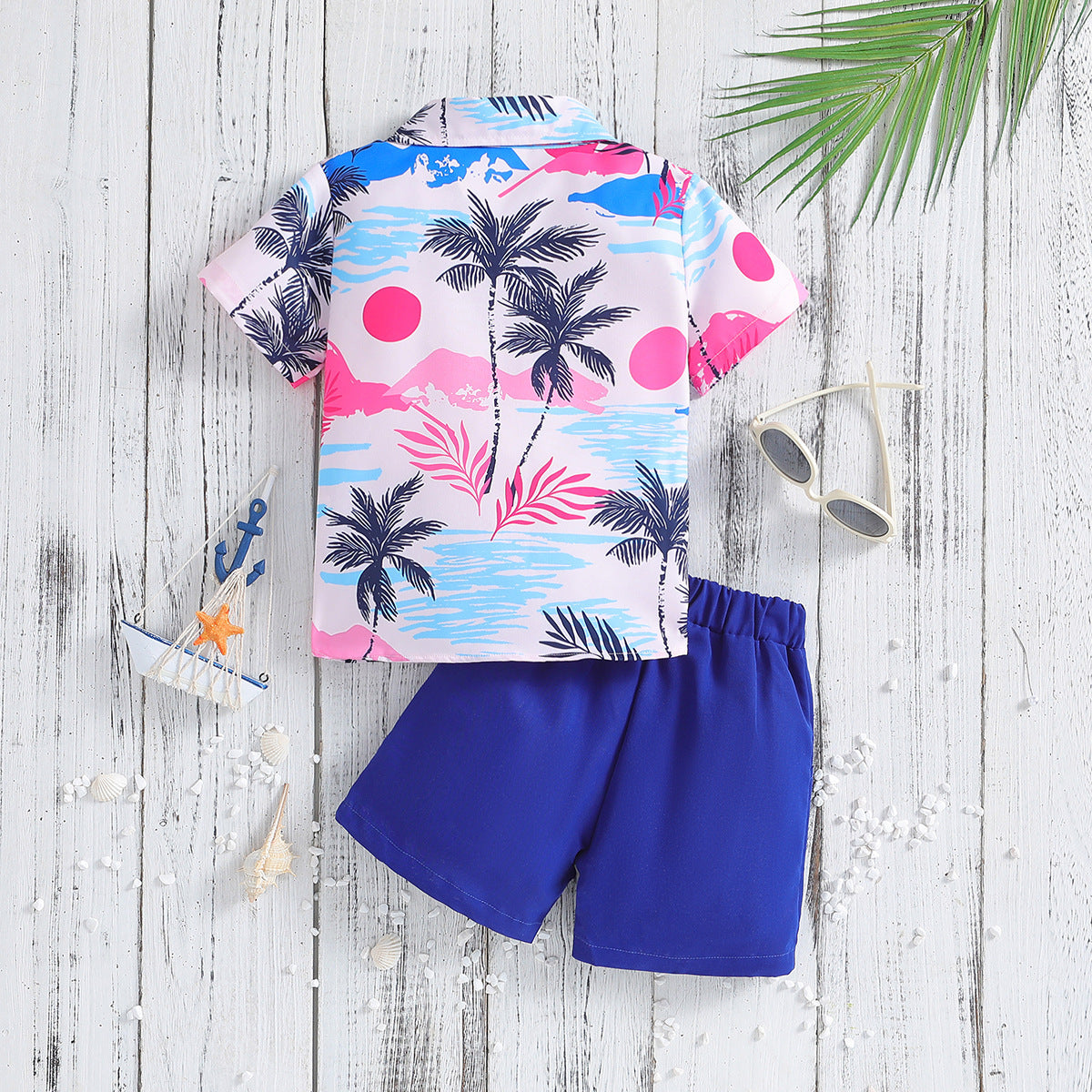 Summer New Boys Short Sleeve Printed Shirt and Shorts Two-Piece Set