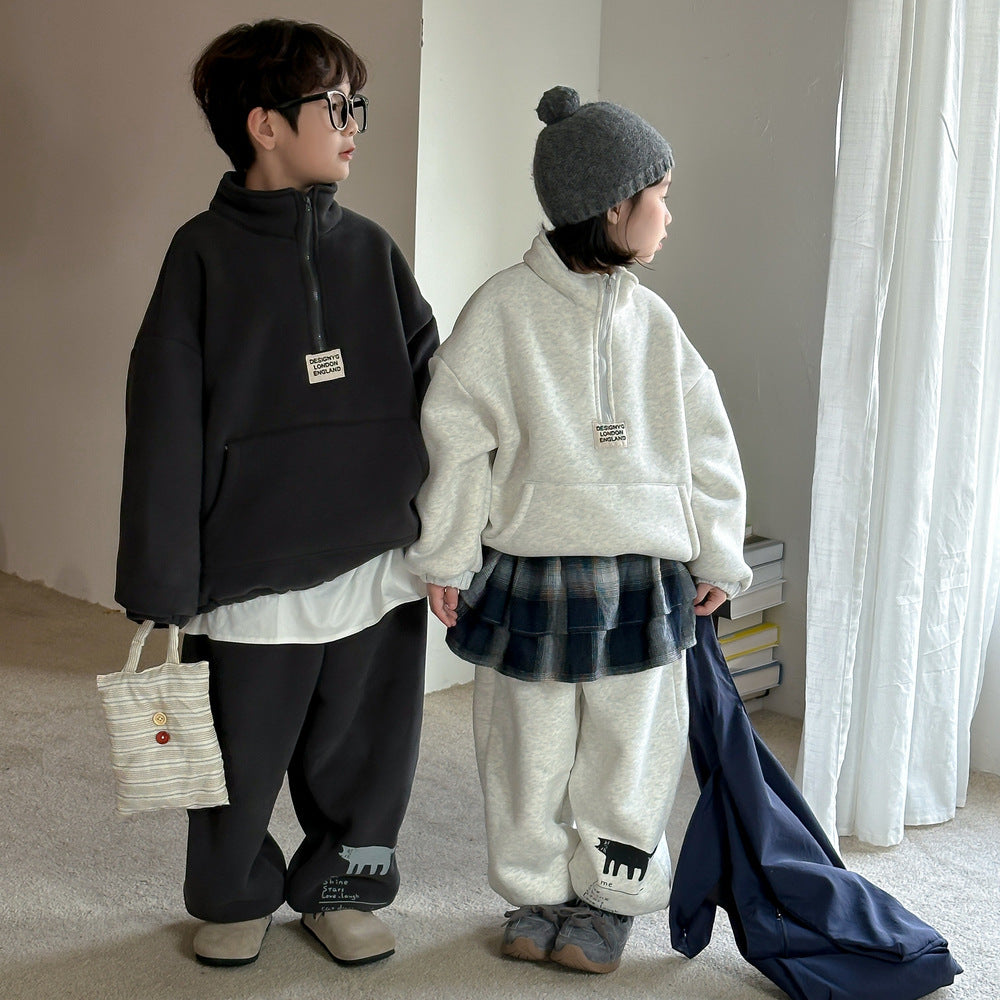 Winter Clothes For Boys And Girls Korean-style Labeling Half Zipper Two-piece Set - Cindi Book