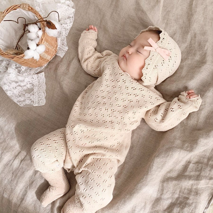 Knitted Hollow Jumpsuit Baby Girl Lace Long-sleeved Romper With Hat - Cindi Book