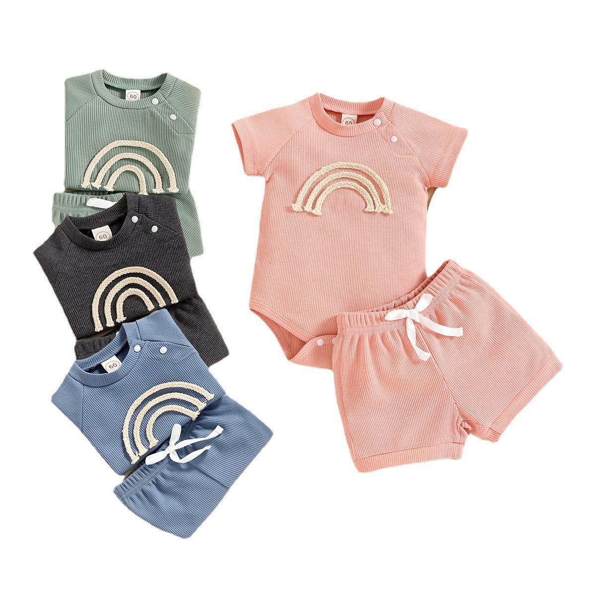 Rainbow Waffle Four-color Side Button Short Sleeve Baby Bodysuit Shorts Suit - Cindi Book