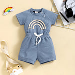 Rainbow Waffle Four-color Side Button Short Sleeve Baby Bodysuit Shorts Suit - Cindi Book