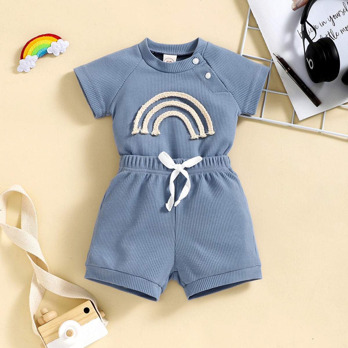 Rainbow Waffle Four-color Side Button Short Sleeve Baby Bodysuit Shorts Suit - Cindi Book