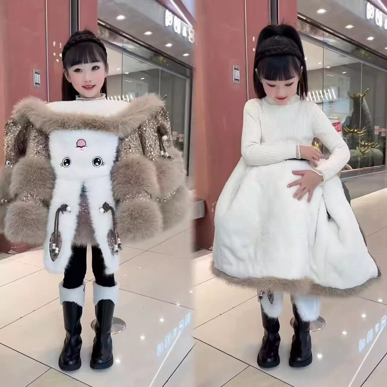 Fleece-lined Padded Faux Fur Coat For Little Girls - Cindi Book