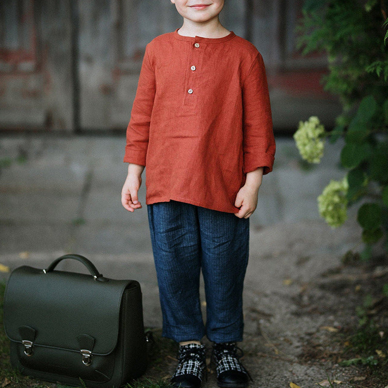 Boy Half-Open Collar Long Sleeve Cotton Linen Shirt