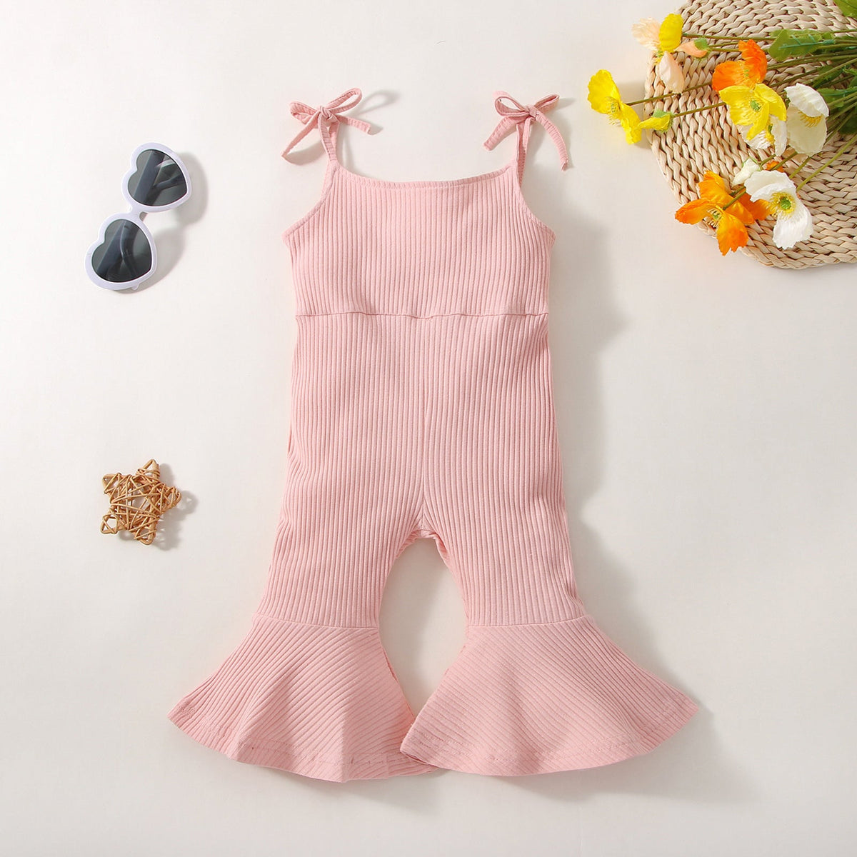 Summer Girls' Sunken Stripe Cotton Solid Color Sling One-piece Bell-bottom Pants - Cindi Book