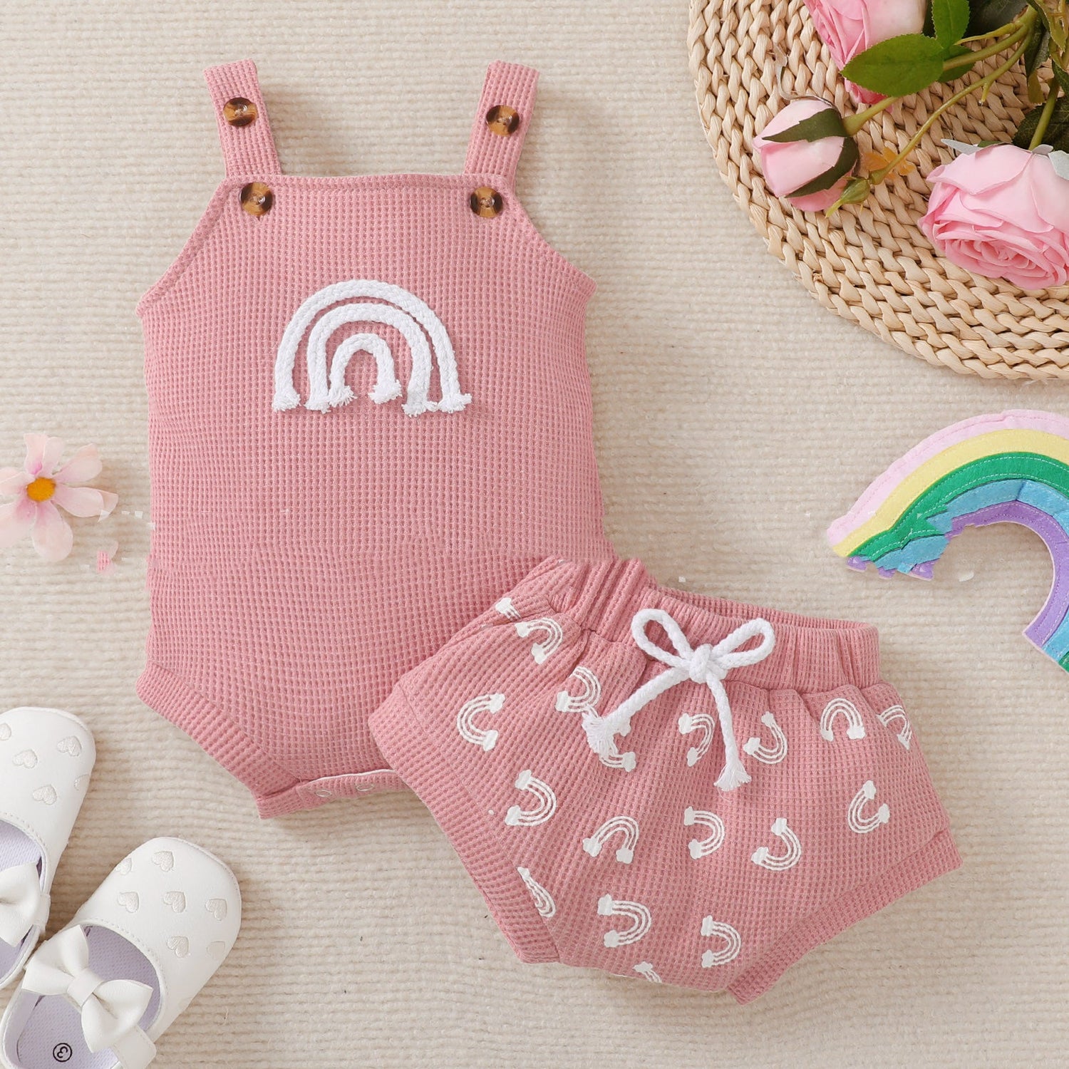 Rainbow Element Waffle Sleeveless Top and Shorts Set