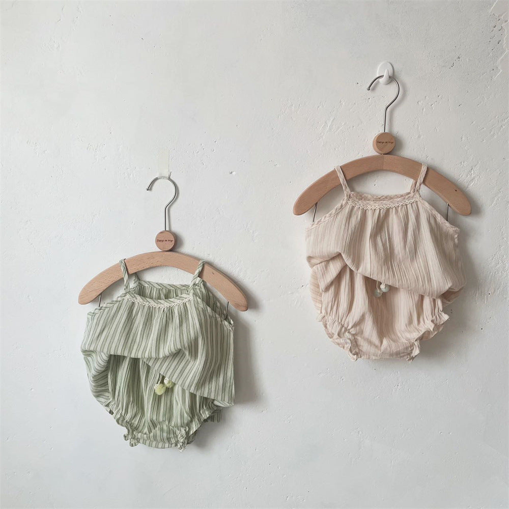 Striped Spaghetti Straps Shorts Suit Baby Girl Two-piece Suit Suit - Cindi Book
