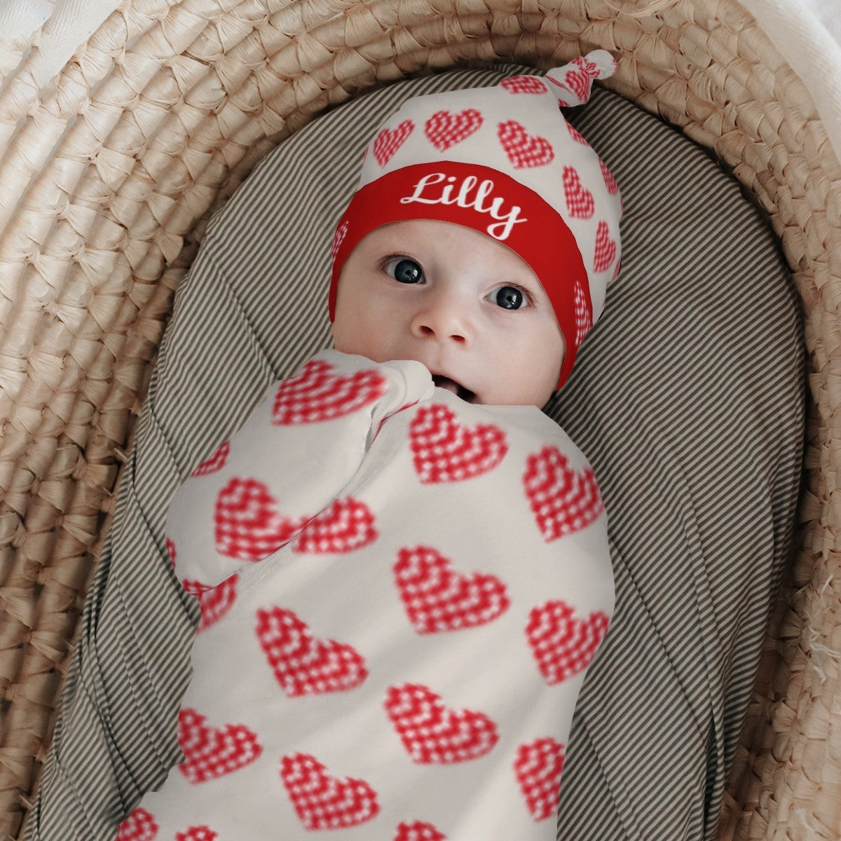 Personalized Baby Swaddle Blanket and Hat Set with Custom Name - Pixel Heart Cross-Stitch Design Newborn Gift Set