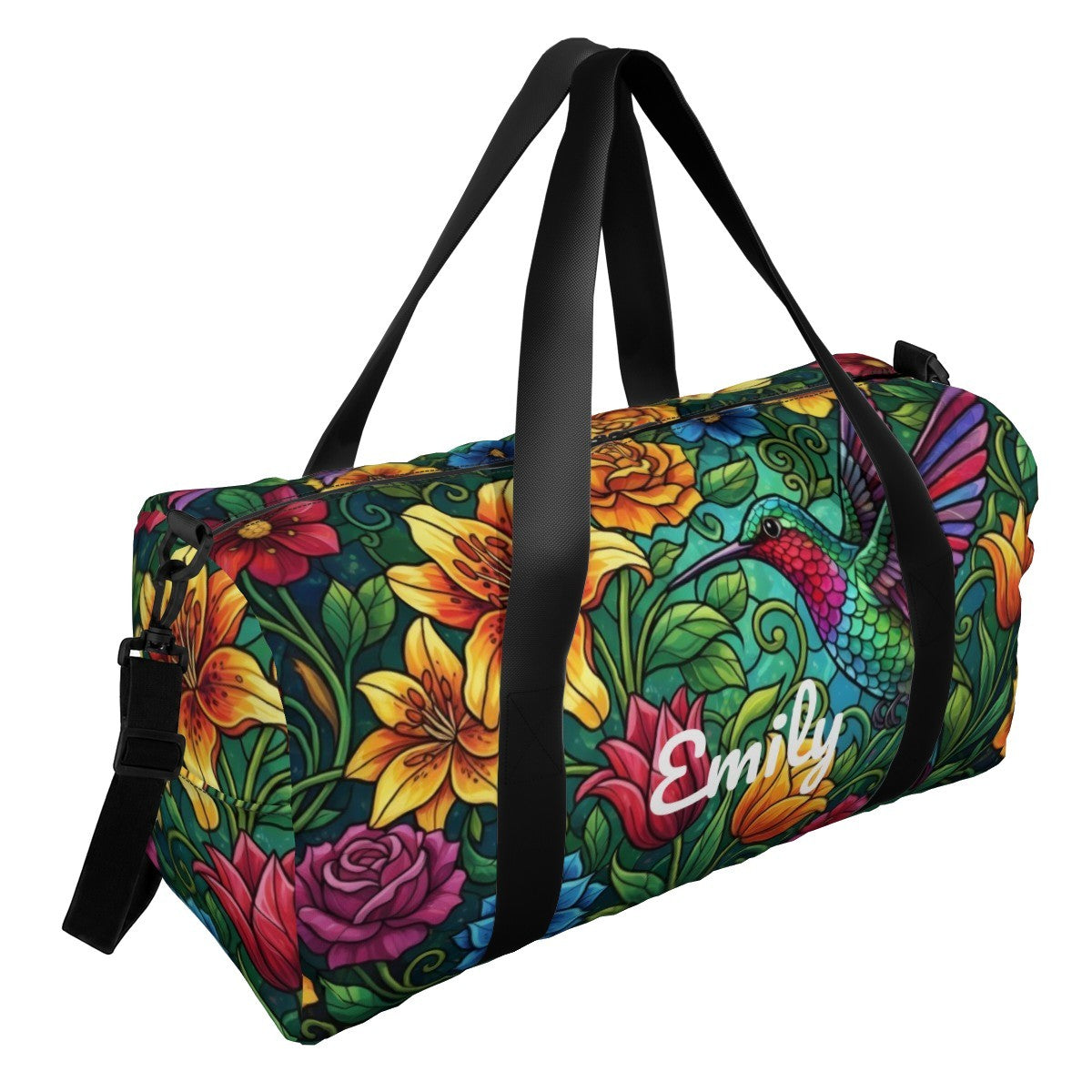 Personalized Hummingbird Floral Duffel Bag with Custom Name – Travel, Gym & Weekend Bag