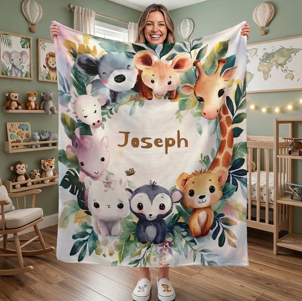 Personalized Safari Animals Blanket with Name | Botanical Wreath Design | Custom Baby & Kids Gift