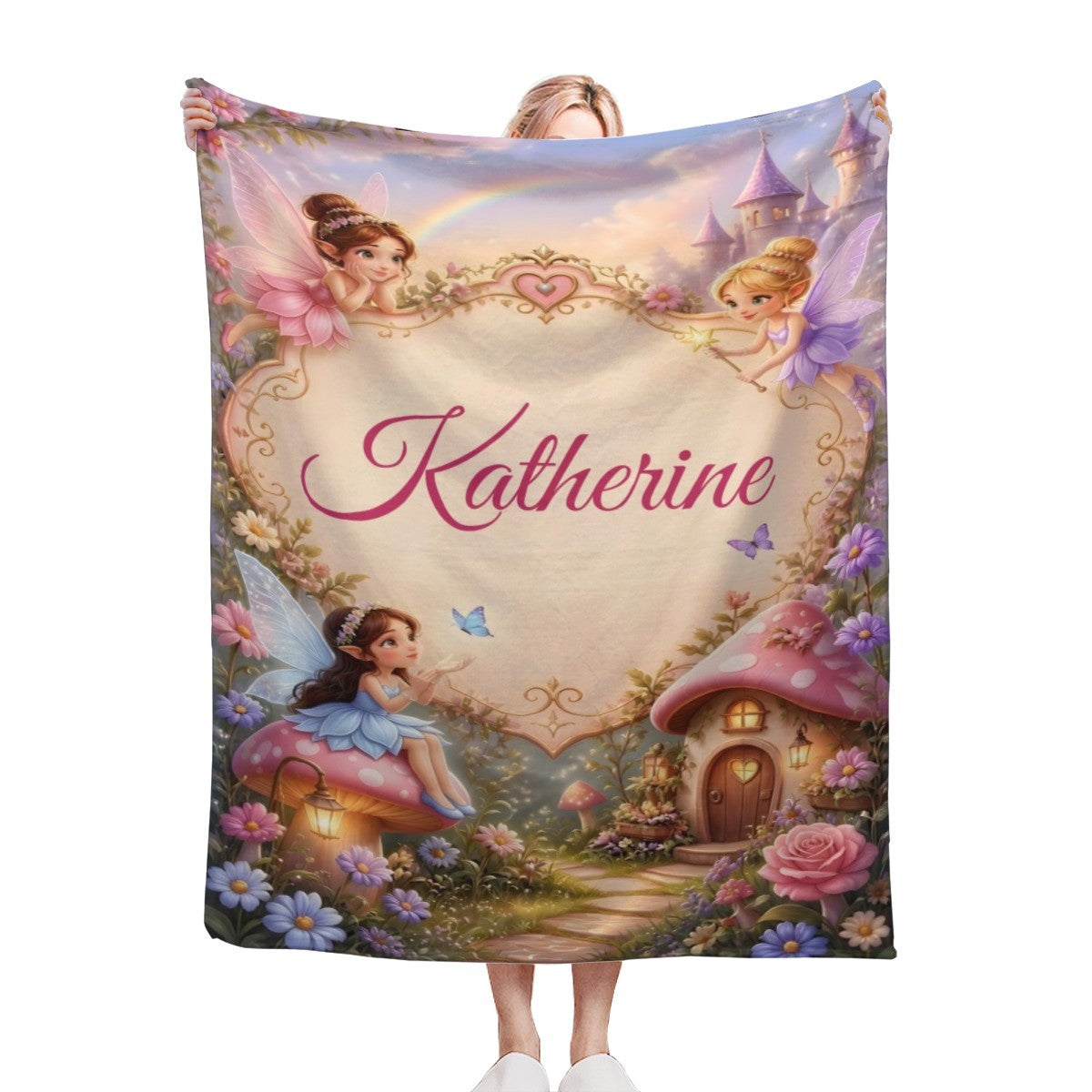 Personalized Fairy Blanket with Name | Fairy House & Gold Heart Frame | Cottagecore Girls Gift