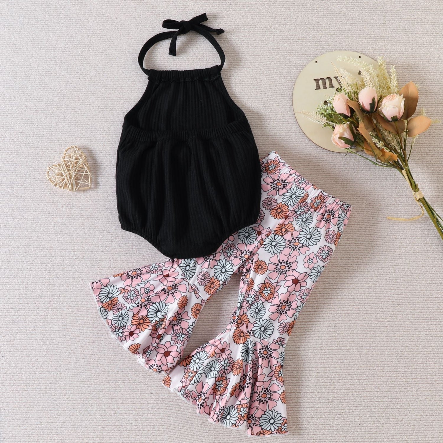 Children's Halter Backless Romper Bell-Bottom Pants Set
