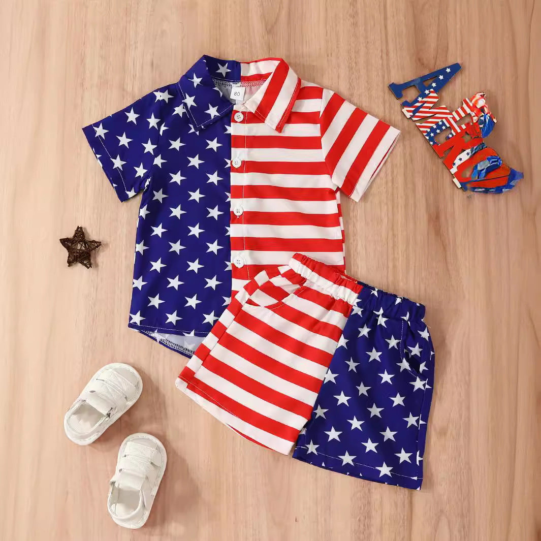Summer Boys' Independent Japanese Star Stripe Single-breasted Short Sleeve Shorts Suit - Cindi Book