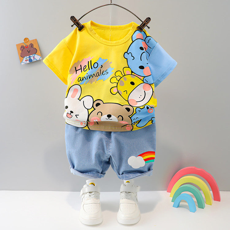 Boys And Girls Short-sleeved Denim Five-point Pants Two-piece Cute Pants Suit Cotton Short-sleeved - Cindi Book
