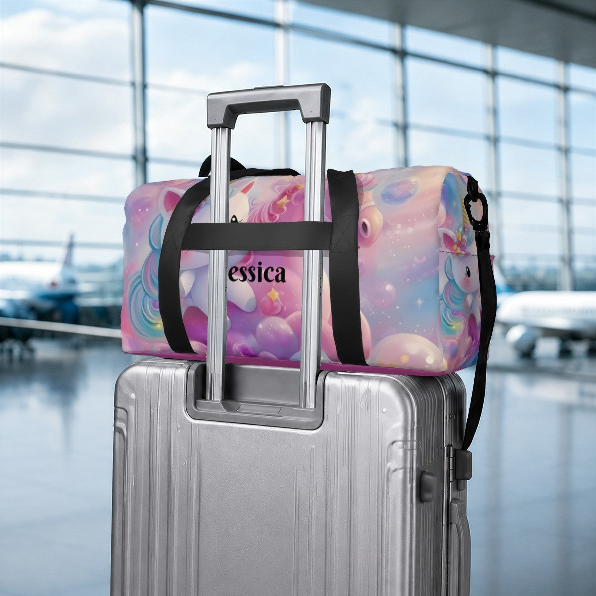 Personalized Pastel Unicorn Duffel Bag with Custom Name – Kawaii Travel, Gym & Weekend Bag