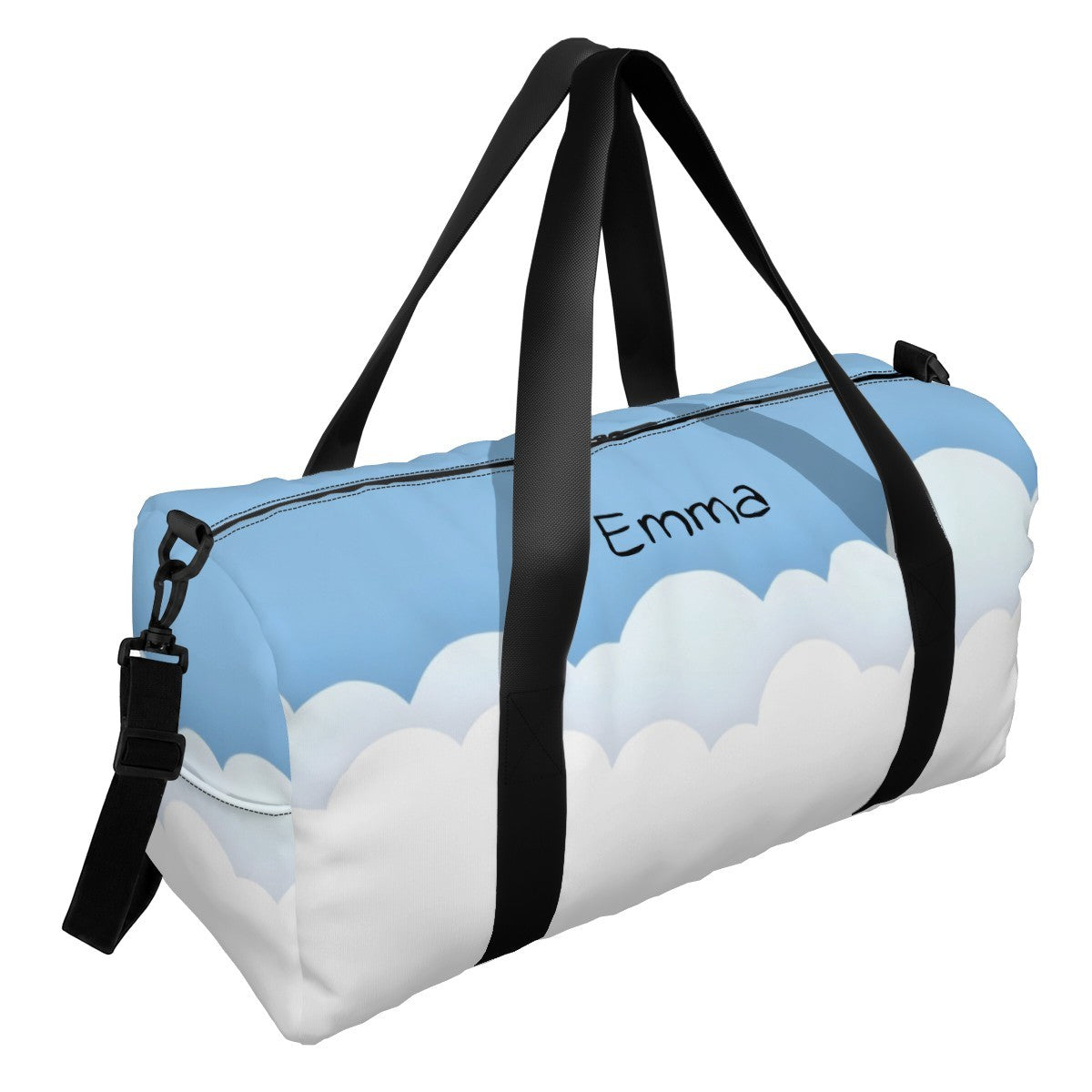 Personalized Blue Sky Cloud Duffel Bag with Custom Name – Travel, Gym & Weekend Bag
