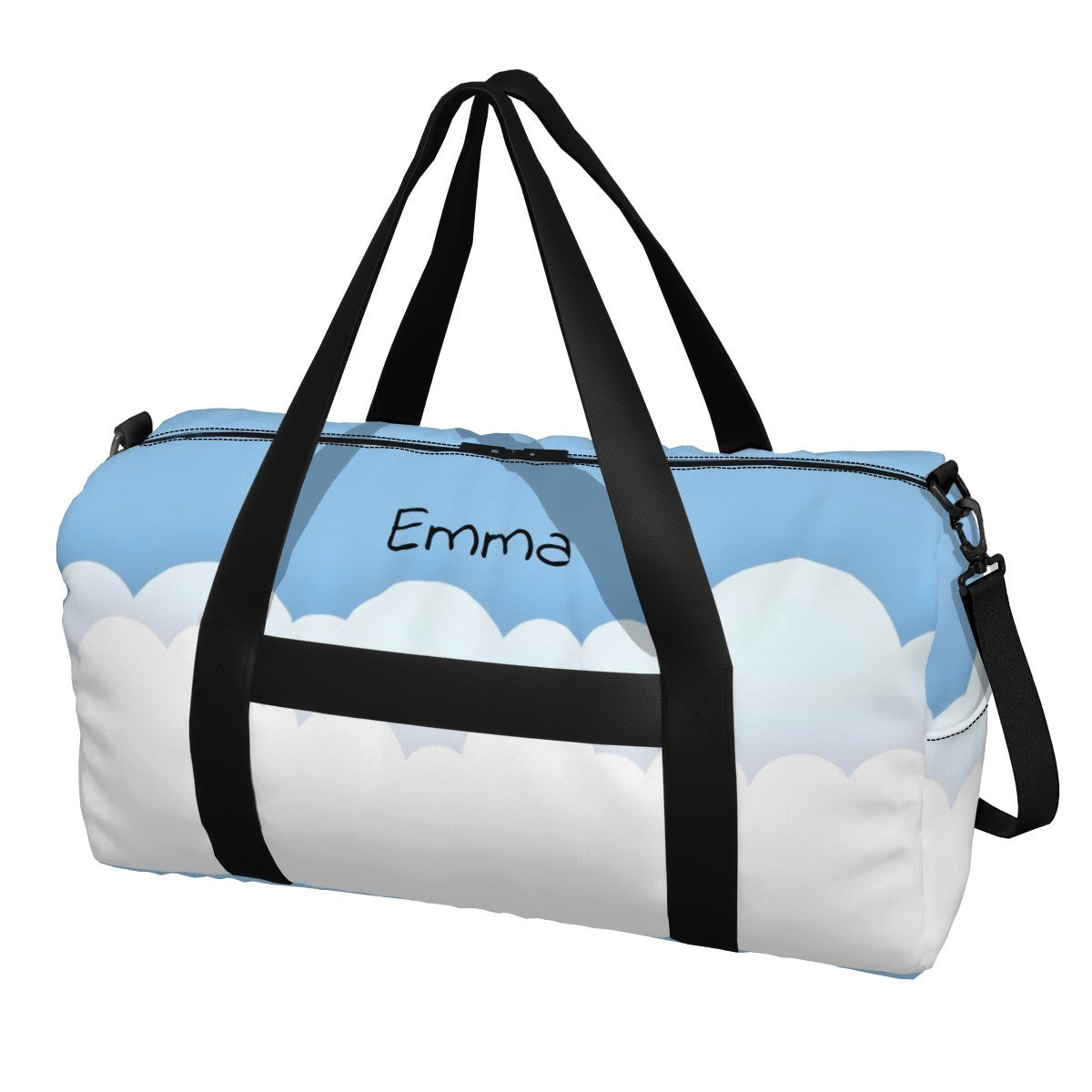 Personalized Blue Sky Cloud Duffel Bag with Custom Name – Travel, Gym & Weekend Bag