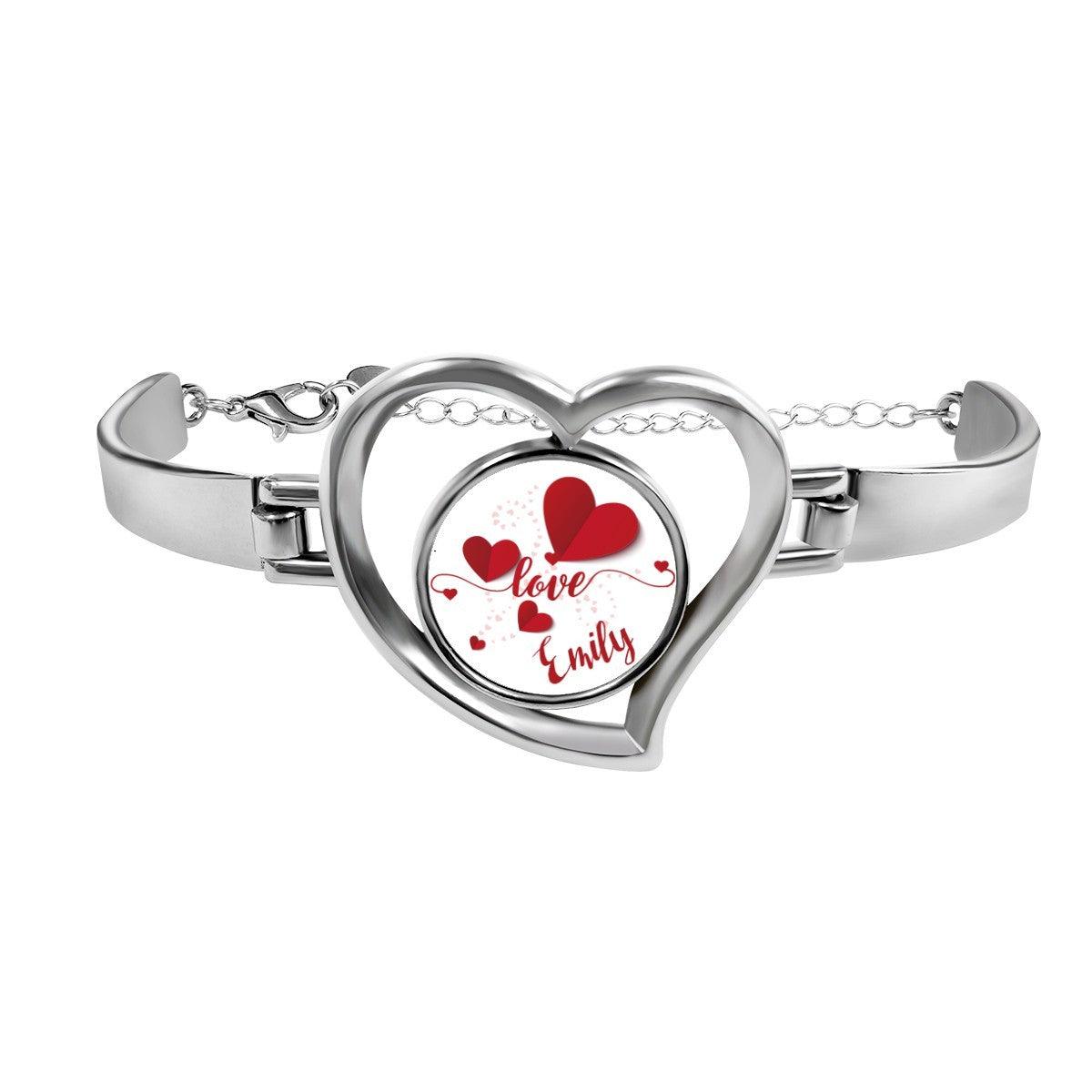 Personalized Name Heart Bangle Bracelet | Custom Name Love Charm in Open Heart | Silver