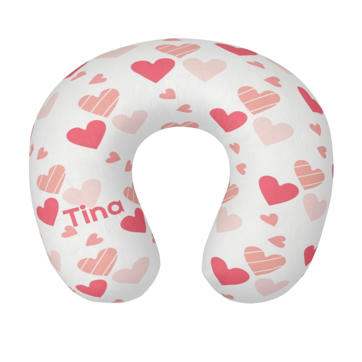 Personalized Hearts Travel Neck Pillow with Name | Pink and White Hearts Pattern | Memory Foam | Valentine's and Romantic Gift