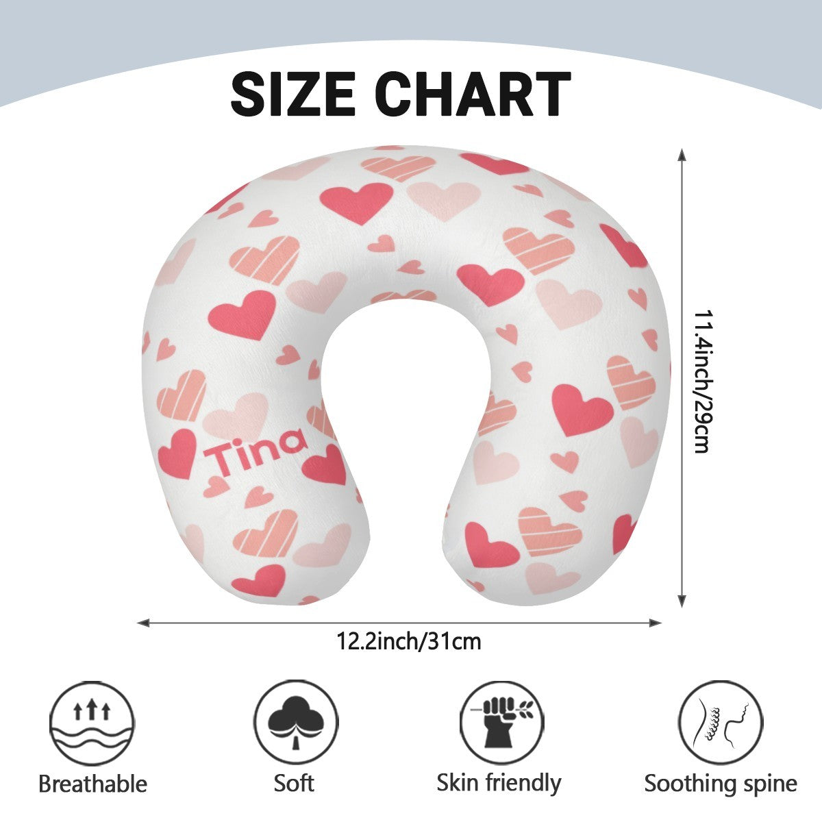 Personalized Hearts Travel Neck Pillow with Name | Pink and White Hearts Pattern | Memory Foam | Valentine's and Romantic Gift