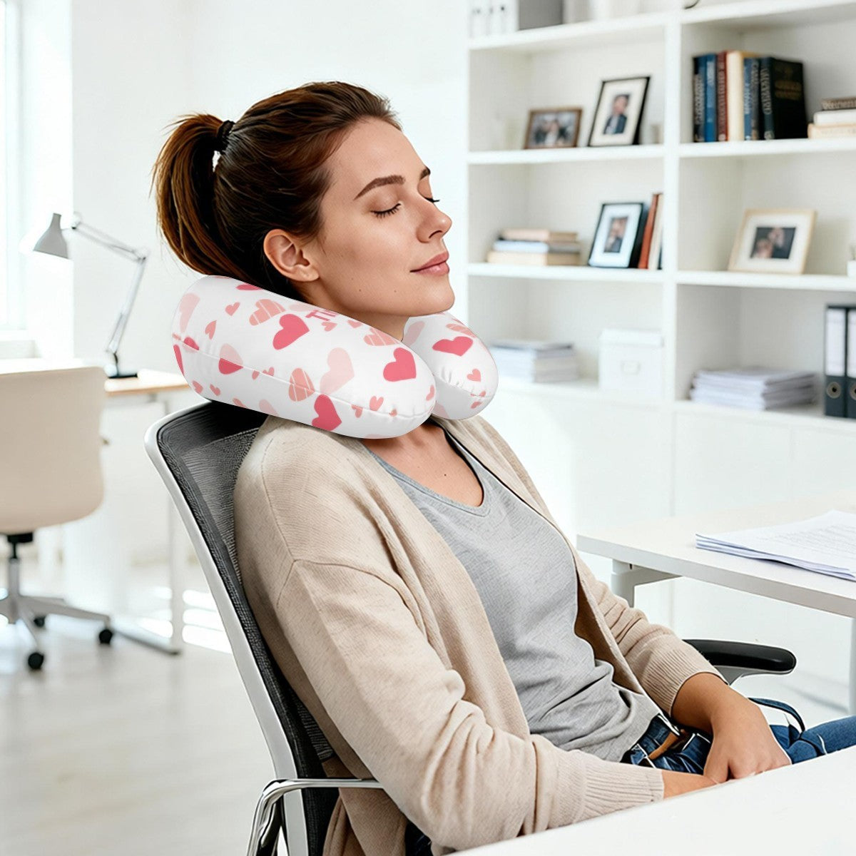 Personalized Hearts Travel Neck Pillow with Name | Pink and White Hearts Pattern | Memory Foam | Valentine's and Romantic Gift