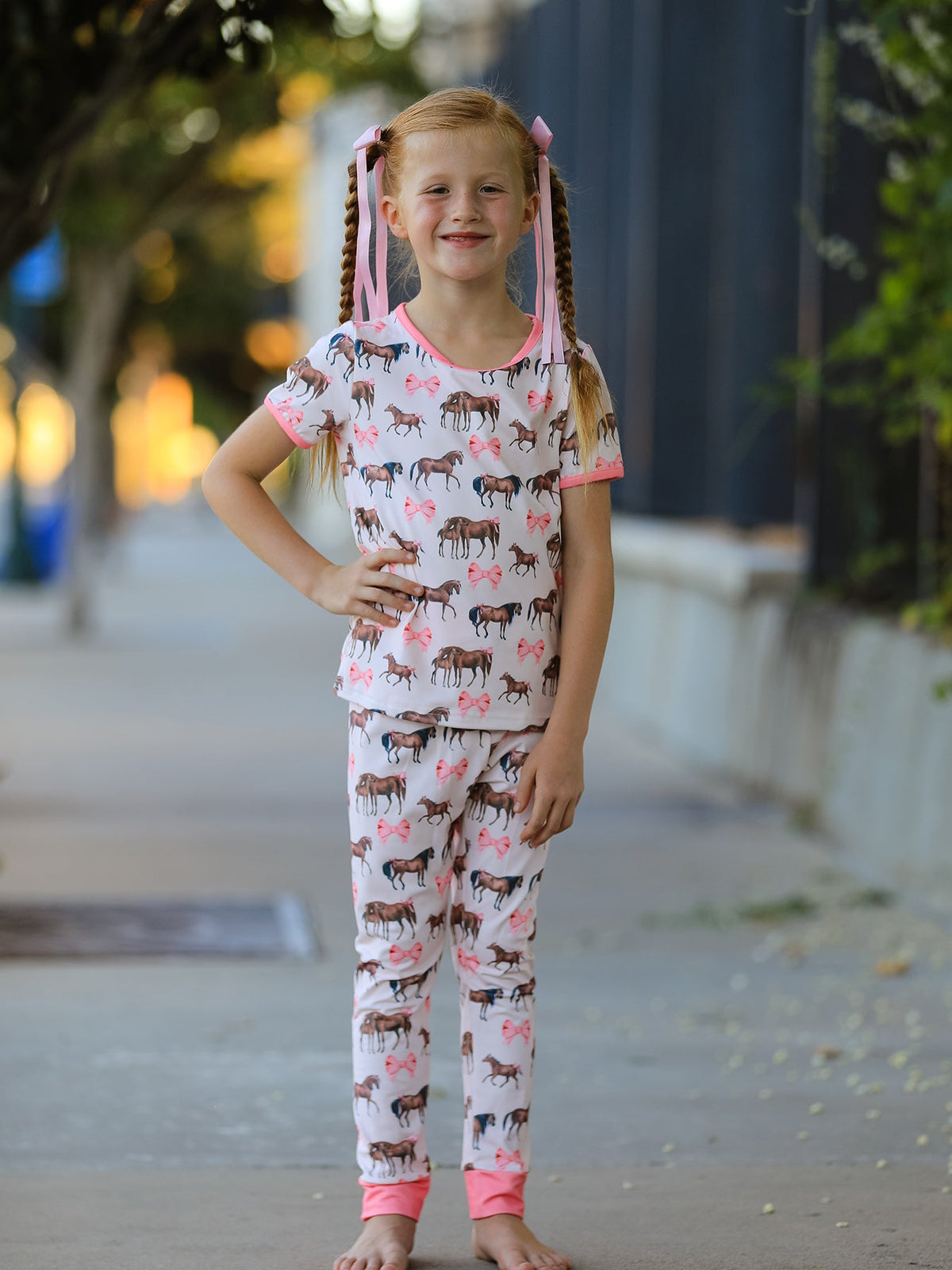 Rylee Faith Designs - Girls Western Horse Bow Pajamas Set Print