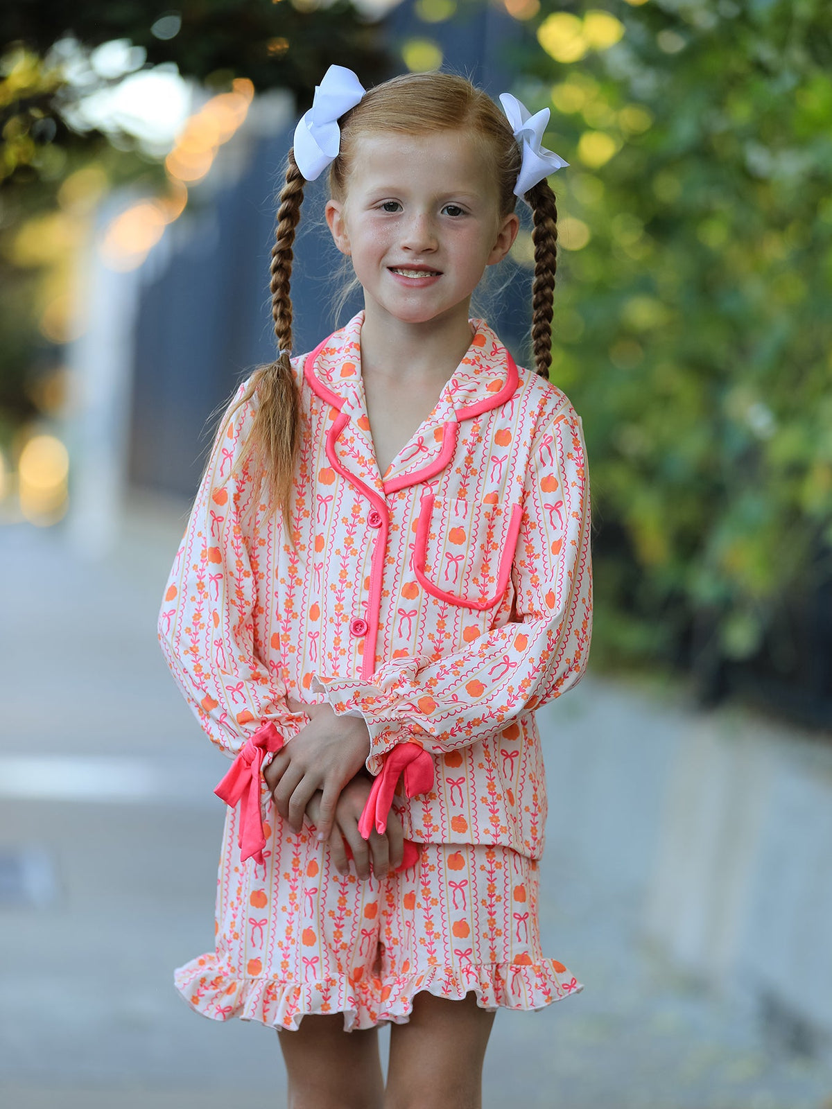 Rylee Faith Designs - Halloween Thanksgiving Pumpkin Bow Girls Pajama Set