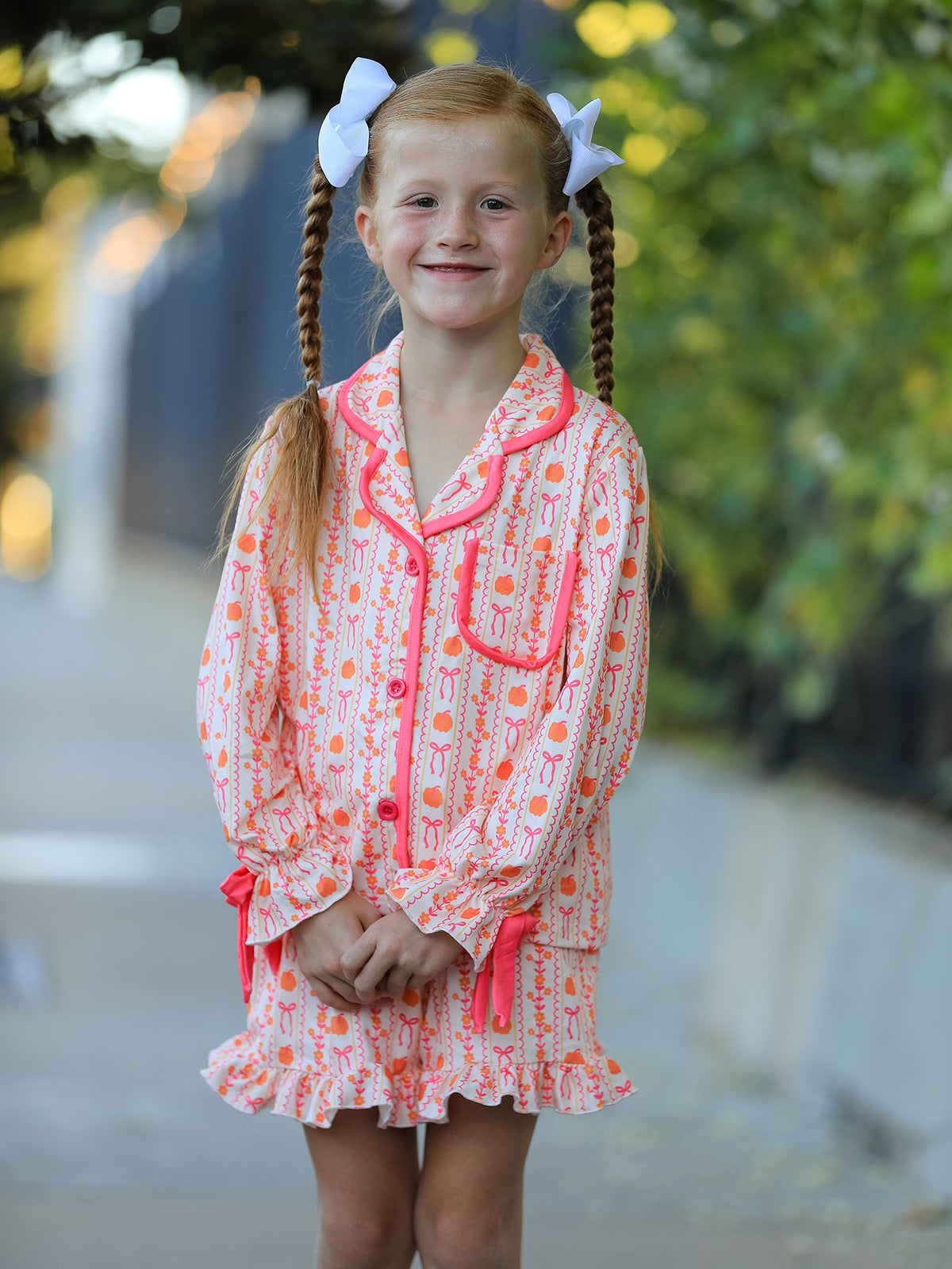 Rylee Faith Designs - Halloween Thanksgiving Pumpkin Bow Girls Pajama Set - alternate view 2