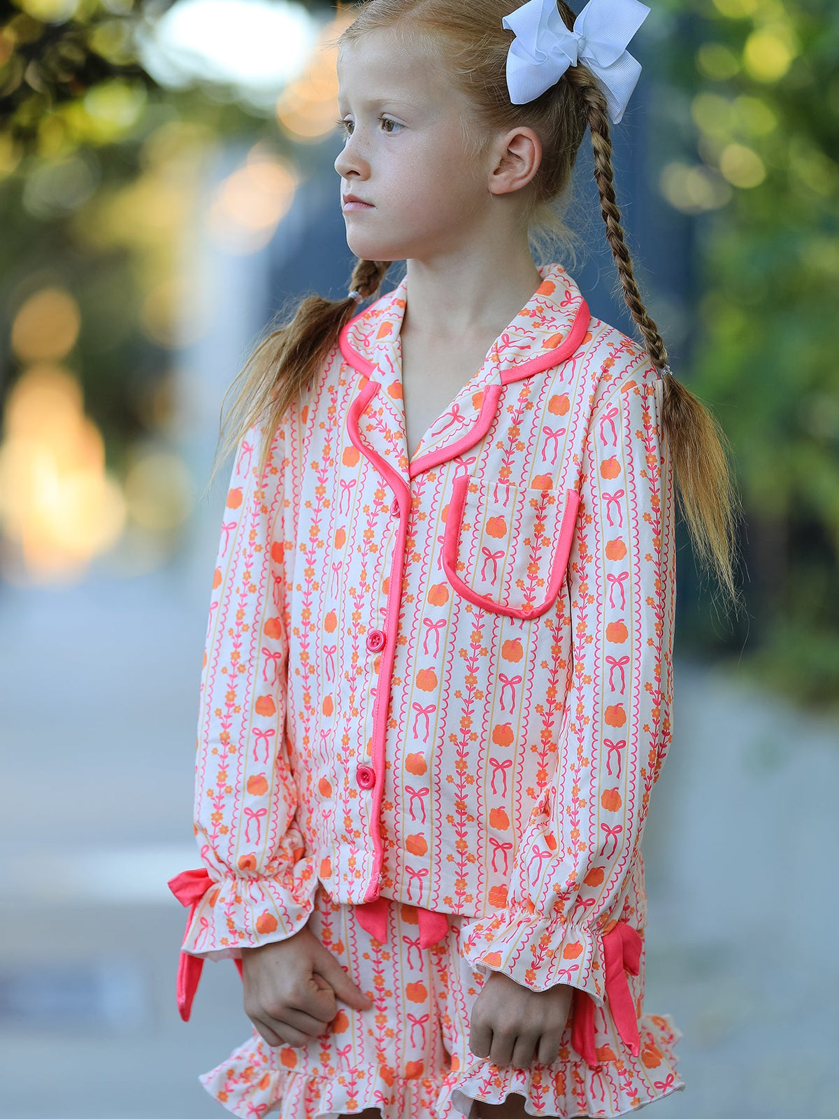 Rylee Faith Designs - Halloween Thanksgiving Pumpkin Bow Girls Pajama Set - alternate view 3