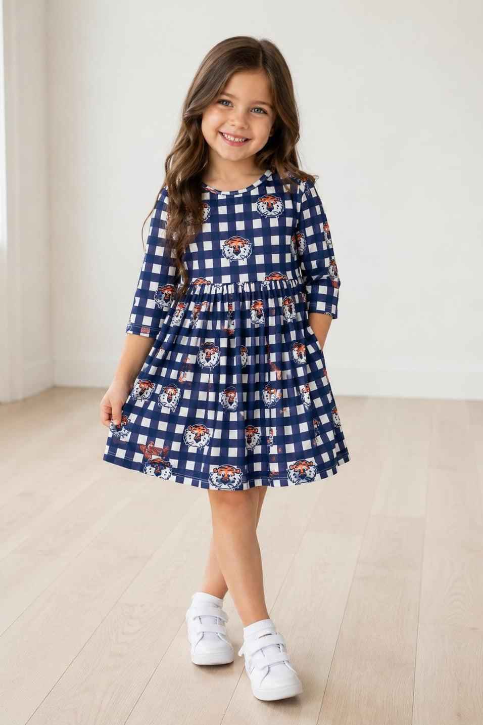 Auburn Plaid Aubie 3/4 Sleeve Pocket Twirl Dress