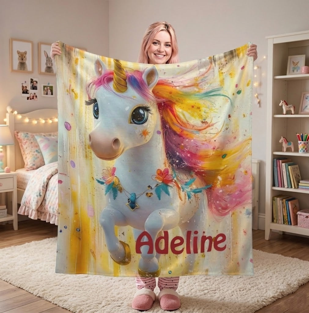Personalized Baby Unicorn Blanket with Name | Rainbow Mane & Flower Garland | Custom Gift for Girls