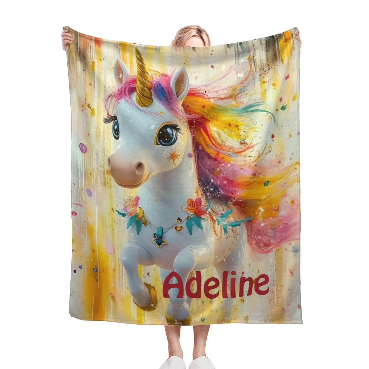 Personalized Baby Unicorn Blanket with Name | Rainbow Mane & Flower Garland | Custom Gift for Girls