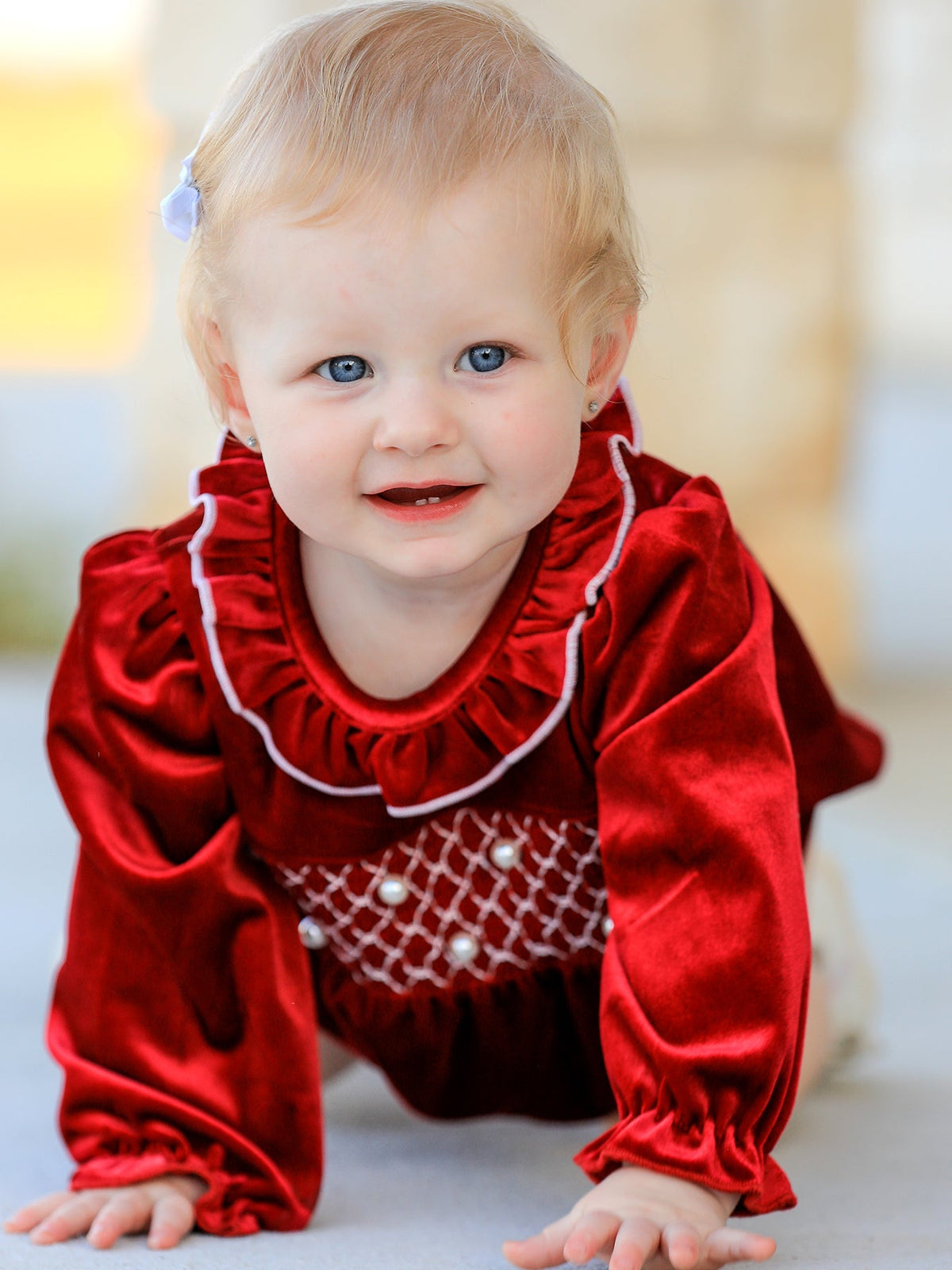 Rylee Faith Designs - Christmas Velvet Smocked Baby Bubble Romper with Pearl Detail - alternate view 2