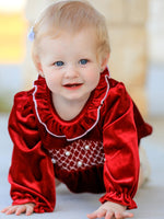 Rylee Faith Designs - Christmas Velvet Smocked Baby Bubble Romper with Pearl Detail - alternate view 2