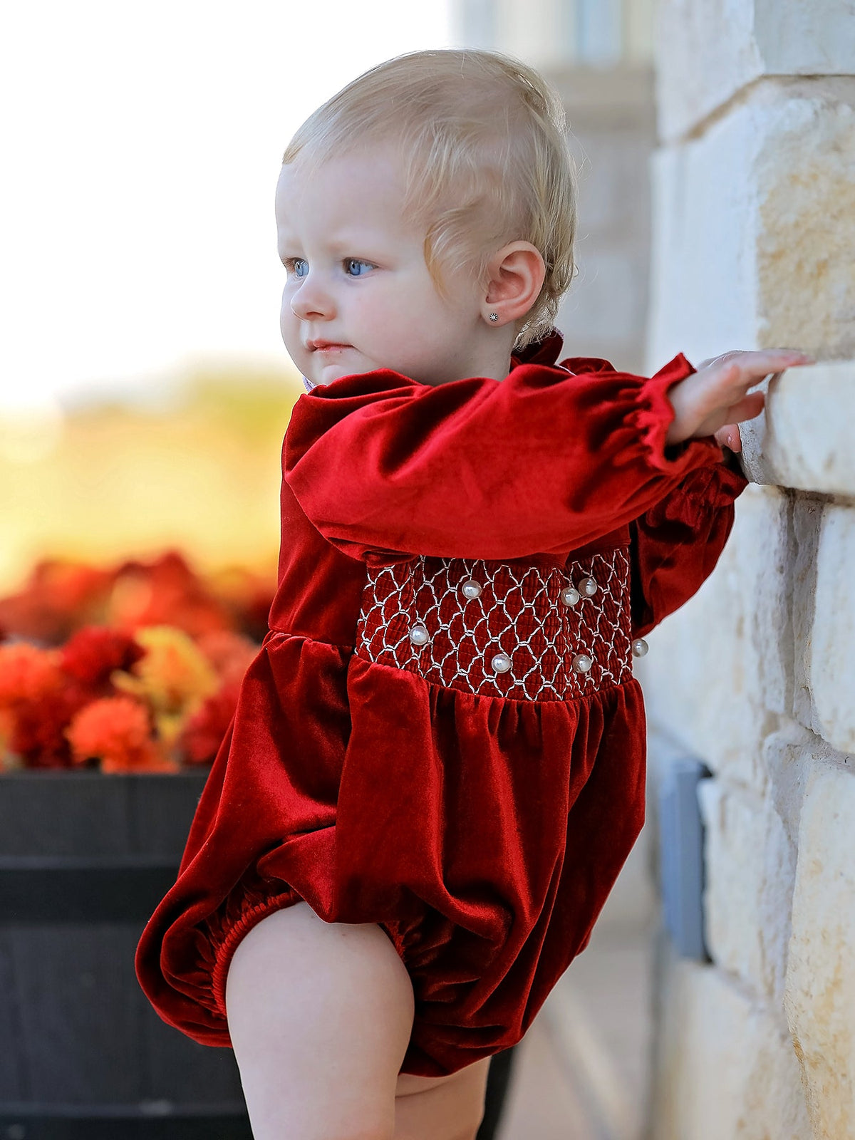 Rylee Faith Designs - Christmas Velvet Smocked Baby Bubble Romper with Pearl Detail - alternate view 5