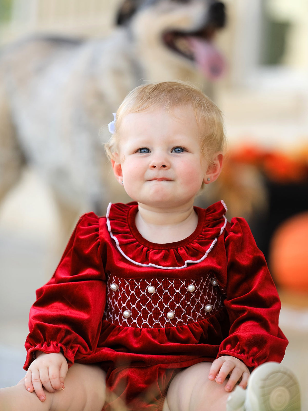 Rylee Faith Designs - Christmas Velvet Smocked Baby Bubble Romper with Pearl Detail - alternate view 4