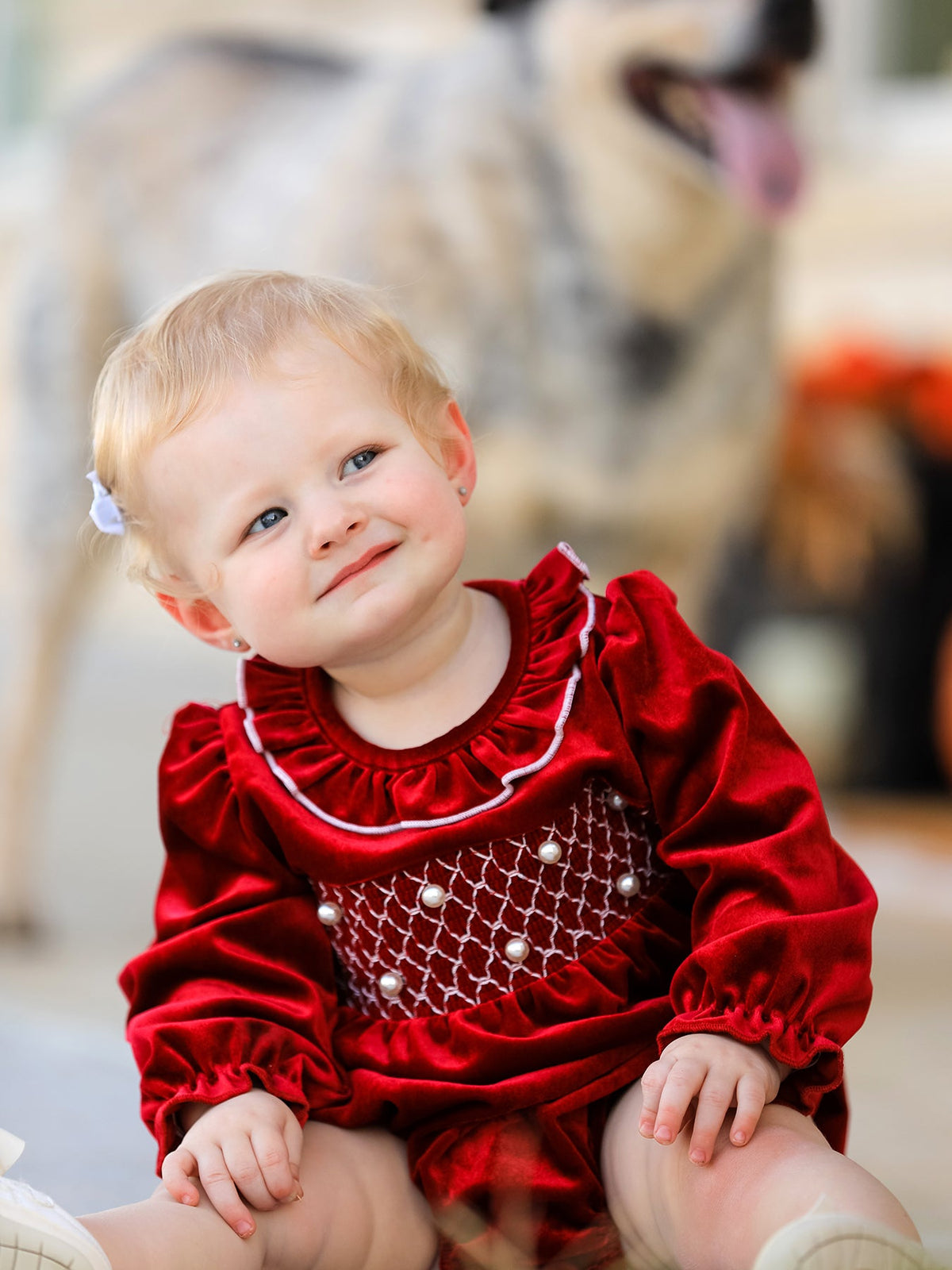Rylee Faith Designs - Christmas Velvet Smocked Baby Bubble Romper with Pearl Detail - alternate view 3