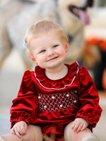 Rylee Faith Designs - Christmas Velvet Smocked Baby Bubble Romper with Pearl Detail