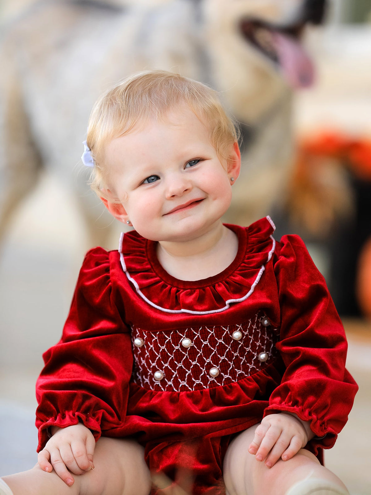 Rylee Faith Designs - Christmas Velvet Smocked Baby Bubble Romper with Pearl Detail