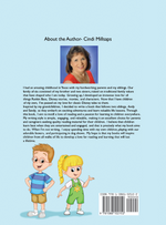 Back cover of A Puppy for Christmas with About the Author Cindi Millsaps, Andy and Sandy illustration, and ISBN barcode