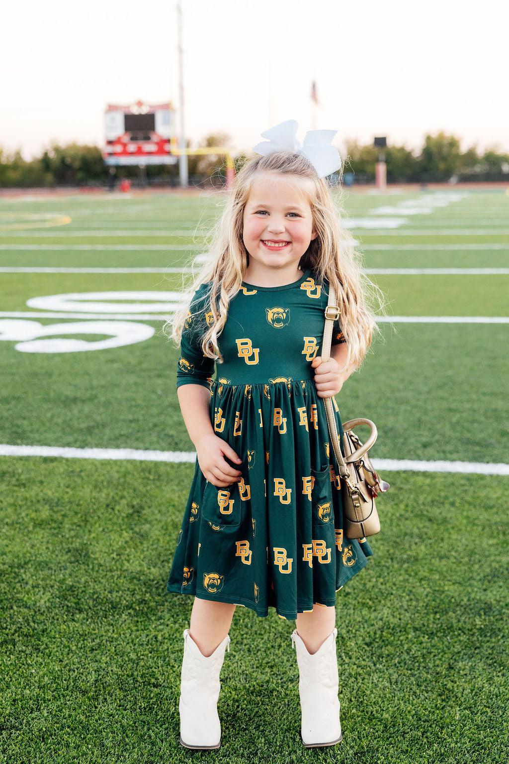 Baylor Green Bear 3/4 Sleeve Pocket Twirl Dress - Image 2