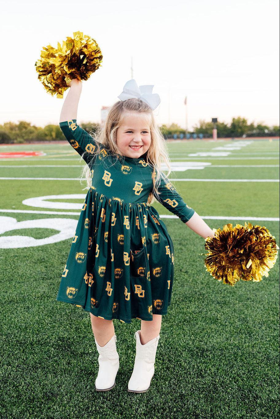 Baylor Green Bear 3/4 Sleeve Pocket Twirl Dress - Image 3