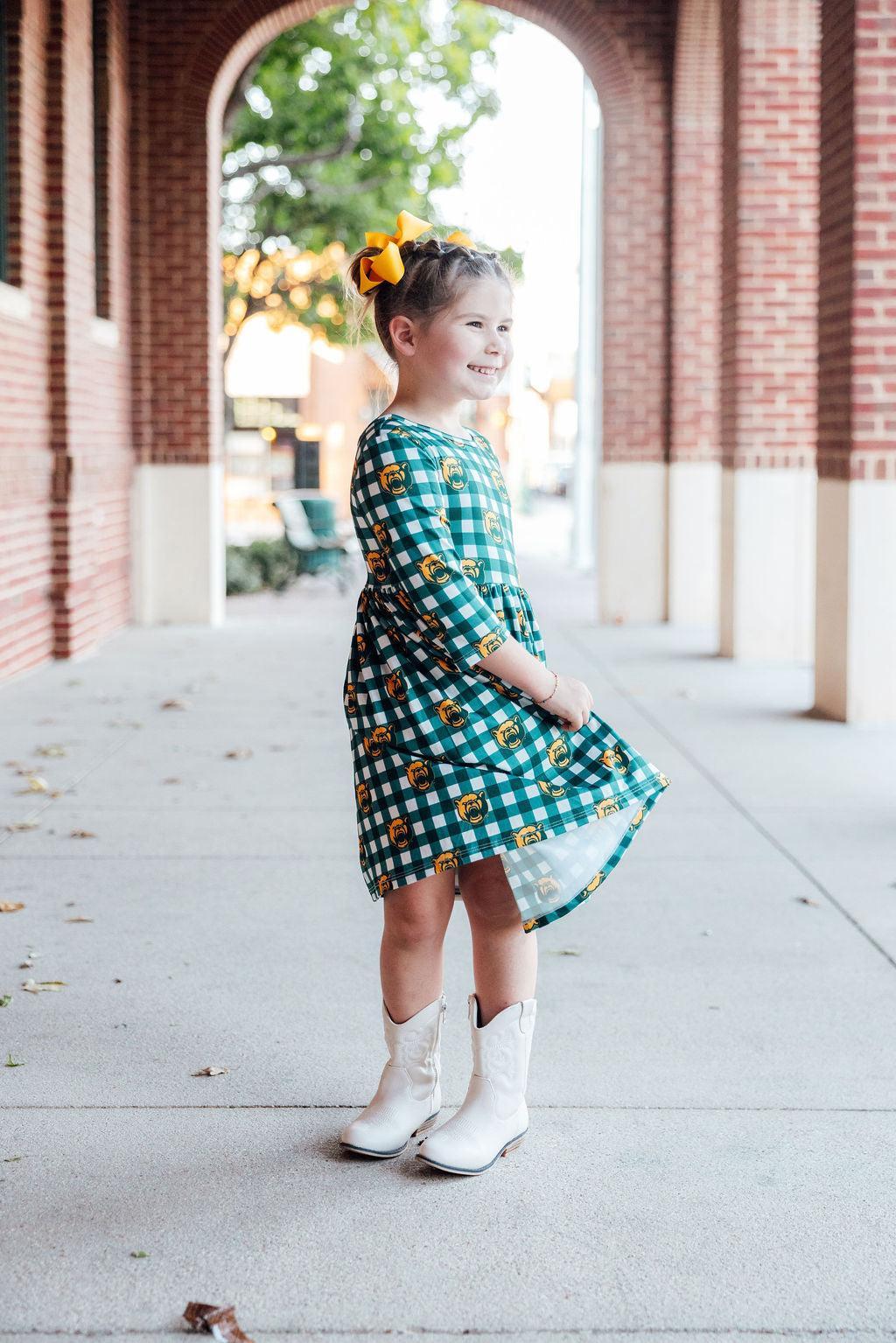 Baylor Plaid Bear 3/4 Sleeve Pocket Twirl Dress - Image 3