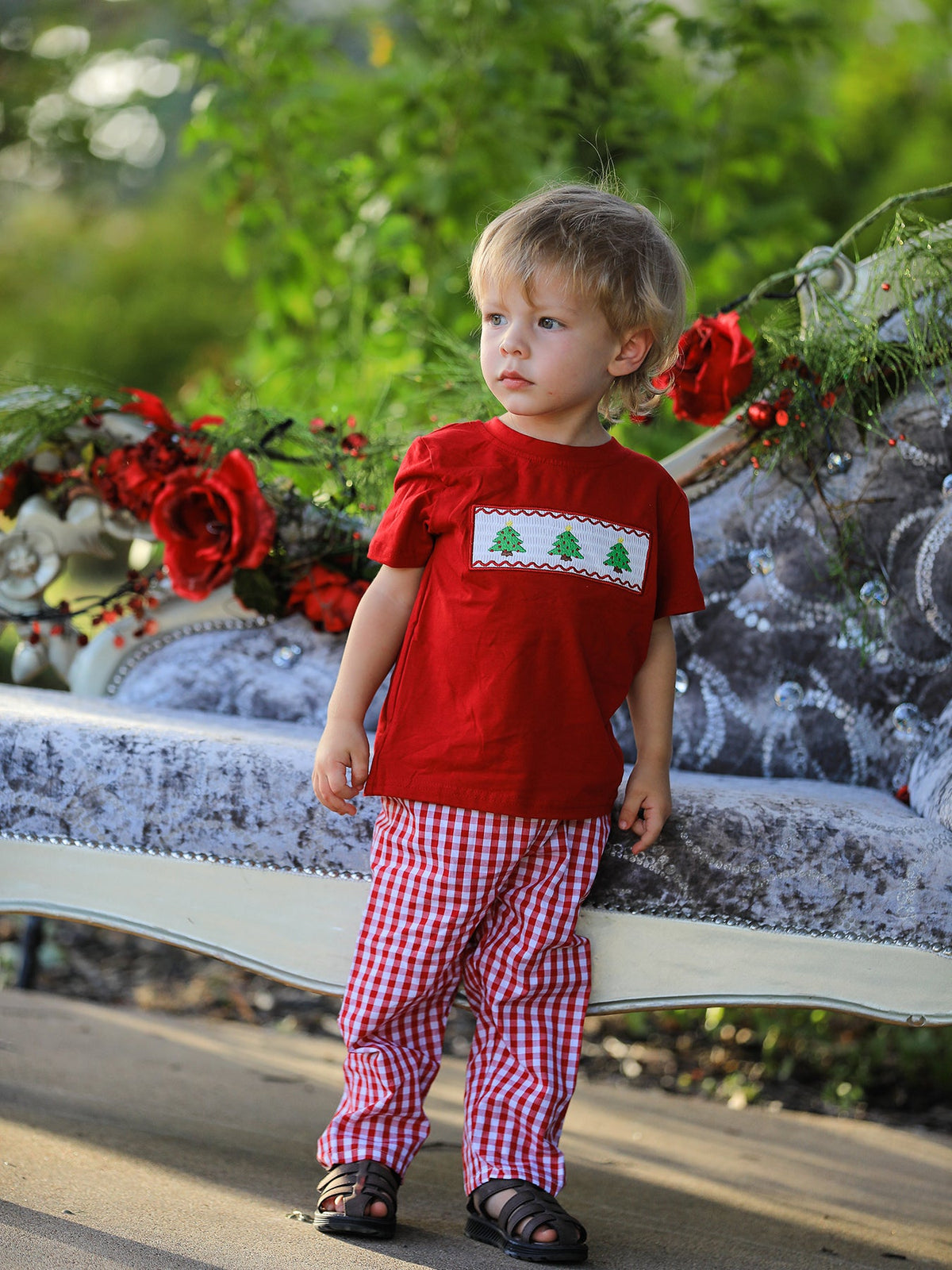 Rylee Faith Designs - Christmas Smocking Embroidered Christmas Tree Plaid Boys Set - alternate view 2