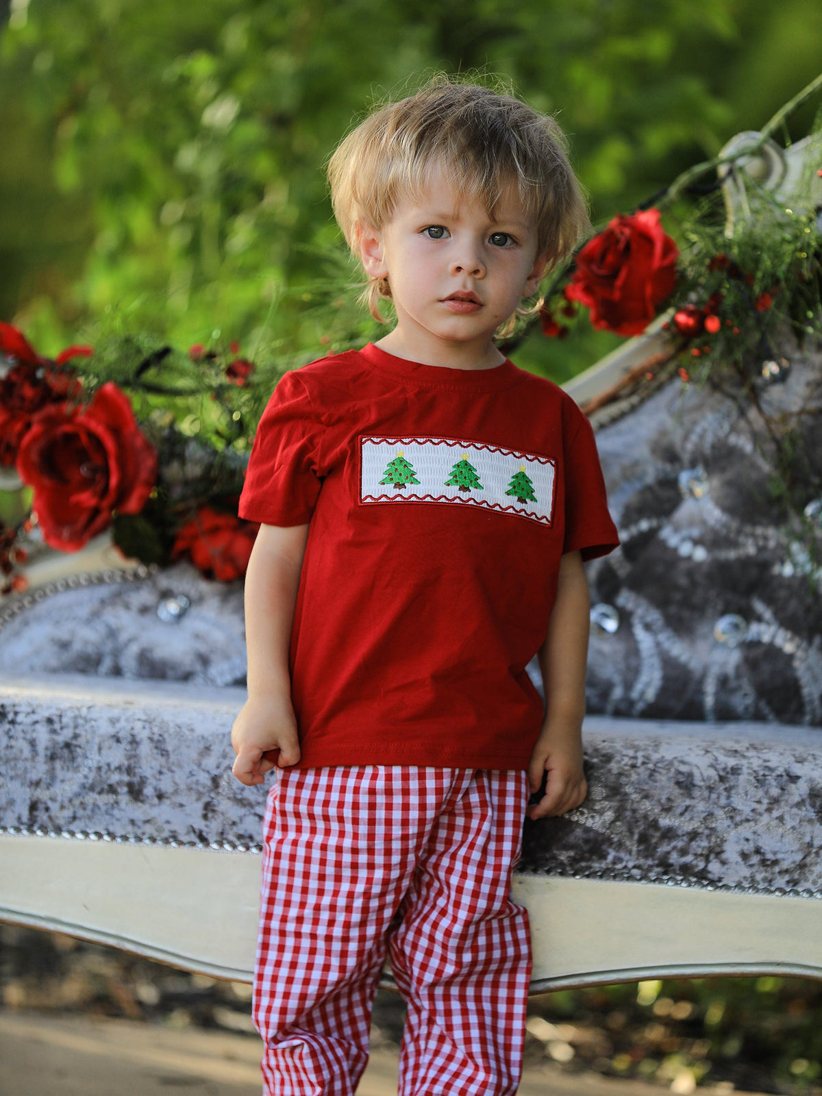 Rylee Faith Designs - Christmas Smocking Embroidered Christmas Tree Plaid Boys Set