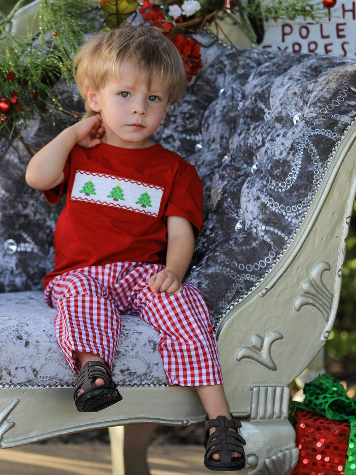 Rylee Faith Designs - Christmas Smocking Embroidered Christmas Tree Plaid Boys Set - alternate view 5