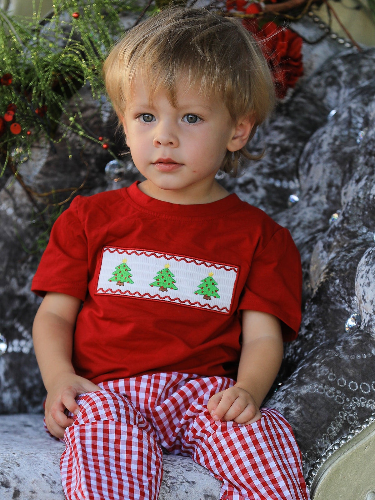 Rylee Faith Designs - Christmas Smocking Embroidered Christmas Tree Plaid Boys Set - alternate view 3