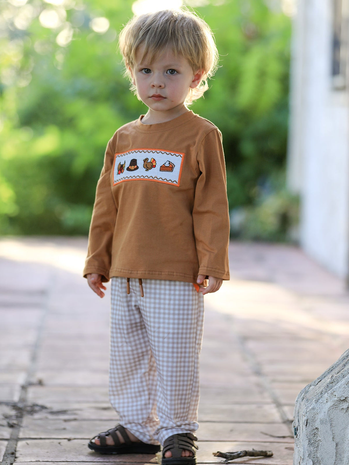 Rylee Faith Designs - Thanksgiving Boys Embroidered Shirt Gingham Pants Set Fall Outfit - alternate view 2