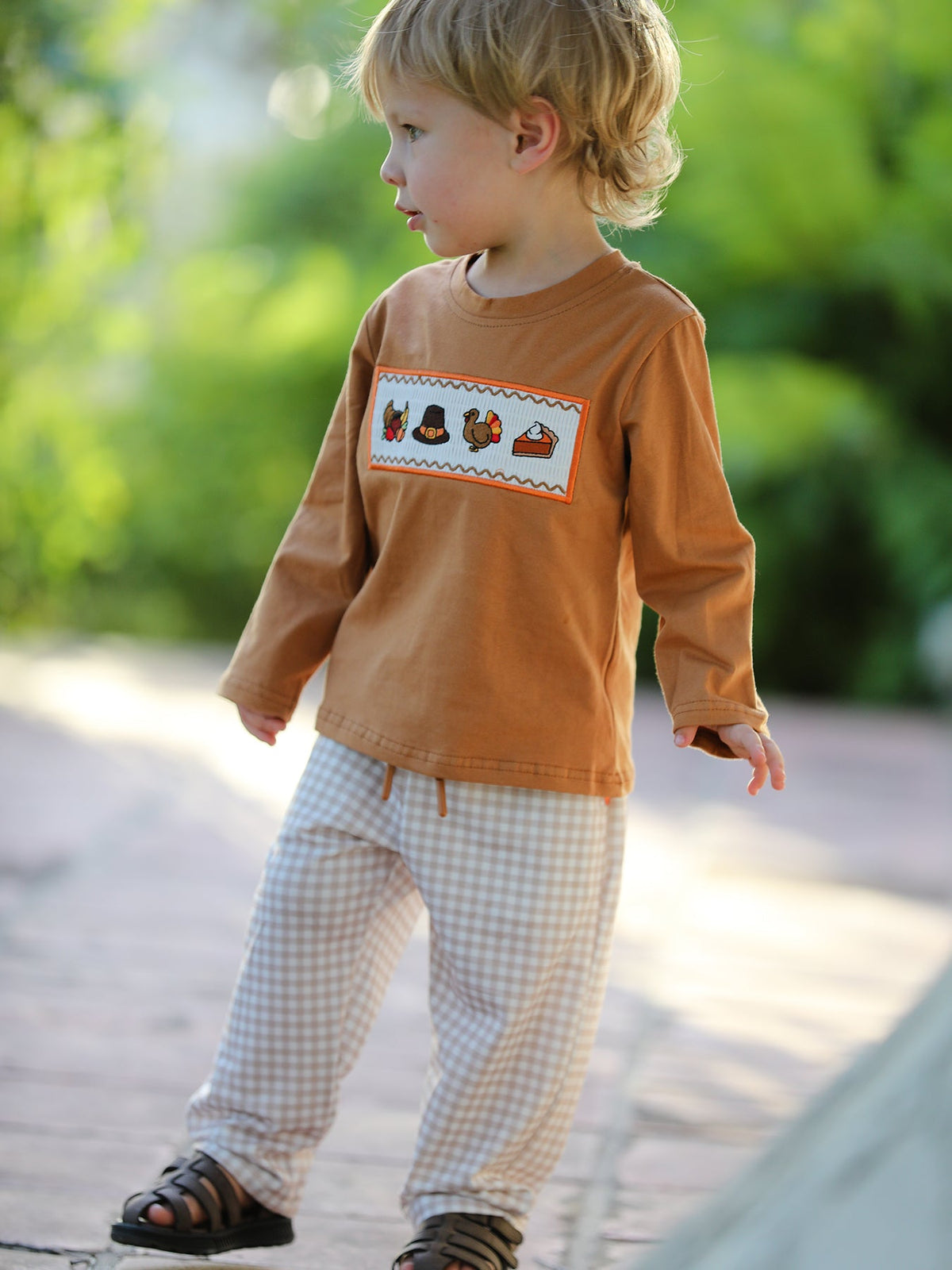 Rylee Faith Designs - Thanksgiving Boys Embroidered Shirt Gingham Pants Set Fall Outfit